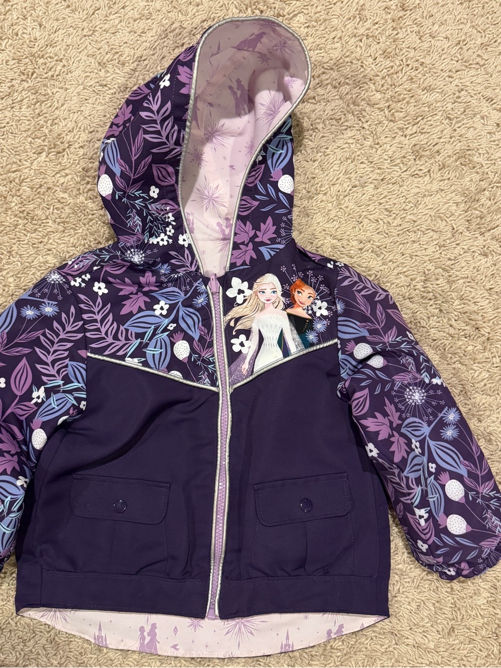 Girls Purple Frozen Hooded Jacket with Floral Print Elsa And Anna